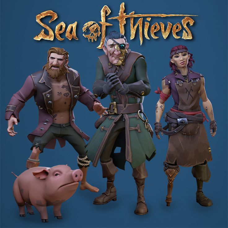 three animated characters standing next to each other in front of a sign that says sea of thieves