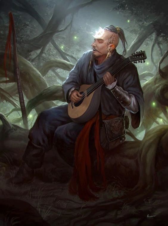 a man sitting on top of a tree covered forest holding a guitar in his right hand