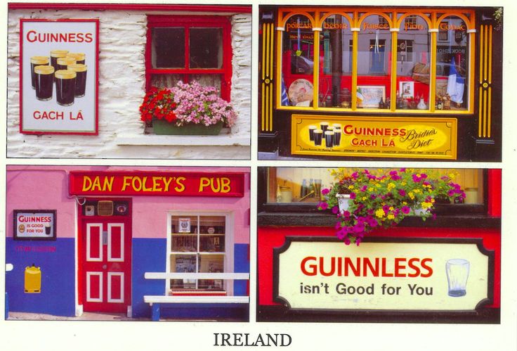 there are four pictures of different shops in ireland