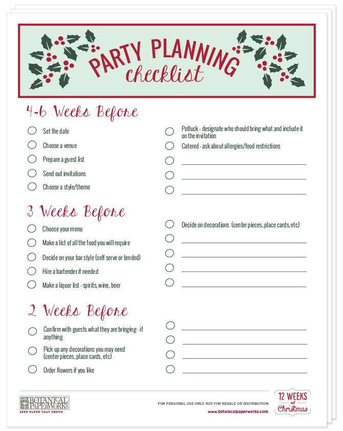 a christmas party planning checklist with holly wreaths on the top and red lettering