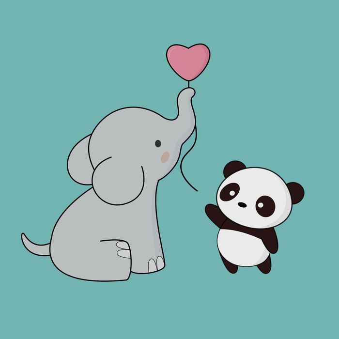 an elephant holding a heart shaped balloon next to a panda bear