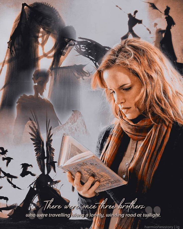 a woman is reading a book in front of an image of witches and other creatures