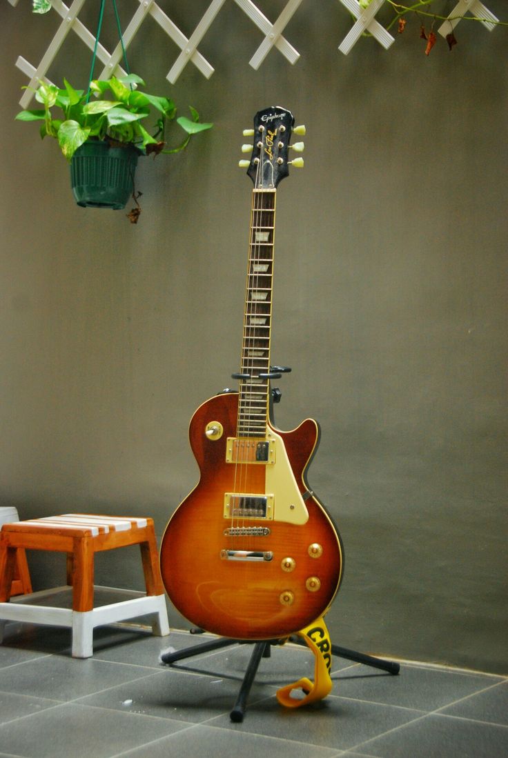 a guitar sitting on top of a stand next to a potted plant