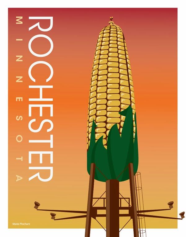 a poster with an image of a corn cob on top of a water tower