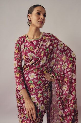 Maroon pre-draped saree with all over gardenia blossom print and hand embroidered detailing. Paired with a matching printed three fourth sleeves blouse. - Aza Fashions Festive Traditional Drape Blouse With Floral Embroidery, Designer Pre-draped Saree With Floral Embroidery, Traditional Drape Saree With Floral Embroidery For Navratri, Traditional Pre-draped Art Silk Saree With Floral Embroidery, Navratri Saree With Floral Embroidery In Traditional Drape, Navratri Floral Embroidered Traditional Saree, Traditional Art Silk Pre-draped Saree With Floral Embroidery, Traditional Drape Art Silk Saree With Floral Embroidery, Navratri Floral Embroidery Saree In Traditional Drape