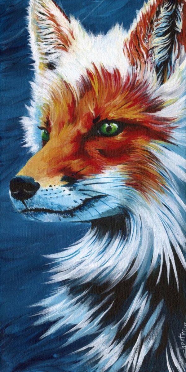 a painting of a fox with green eyes