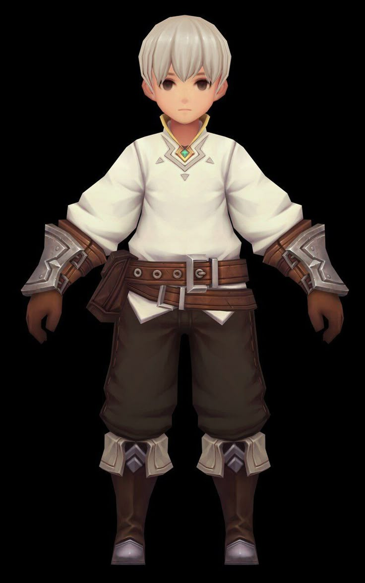 an animated character with white hair and brown pants, wearing a white shirt and black pants