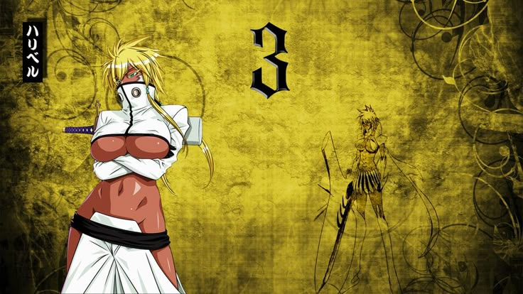 an anime character standing in front of a yellow background with the letter b on it