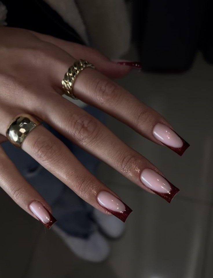 Dark Red Nails Simple Design, French Tip Wine Red Nails, Cherry Wine Nails French Tip, Red Burgundy Nails Acrylic, Graduation Nails Burgundy, Medium Nail Designs Fall, Marron Red Nails Acrylic, Nails Acrylic For Graduation, Burgundy Nail French Tip