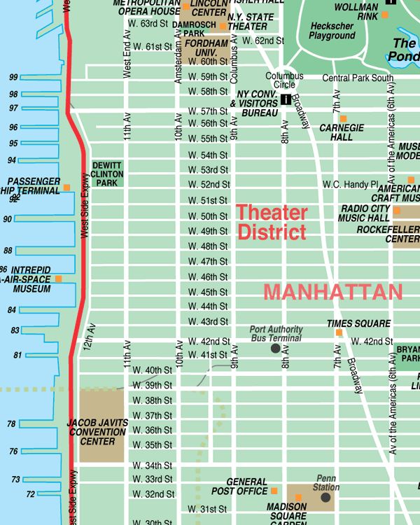 a map of manhattan showing the location of theater district