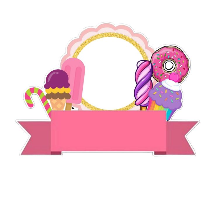 a pink banner with donuts, candy and lollipops on it is shown