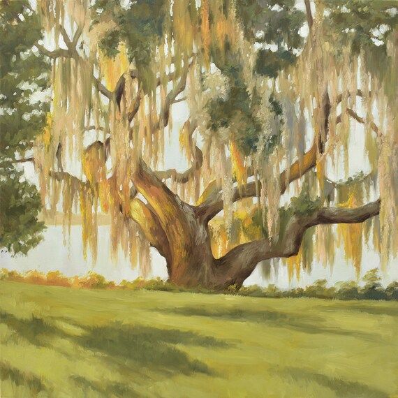 an oil painting of a large tree with spanish moss hanging from it's branches