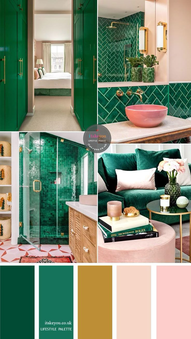 Beautiful color palette of green emerald with pink and