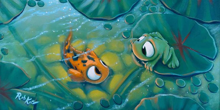 the frog and the fish are swimming together in the water with bubbles on it's surface