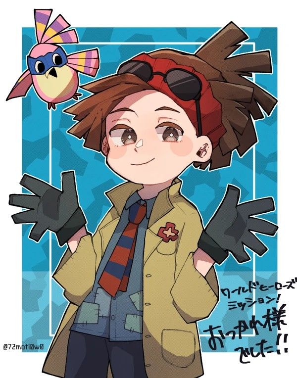 a drawing of a boy with gloves and a bird on his head, standing in front of a blue background