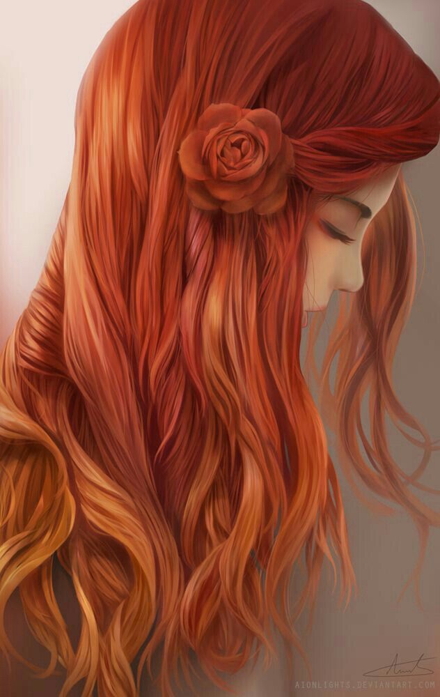 a painting of a woman with long red hair and a flower in her hair, looking to the side