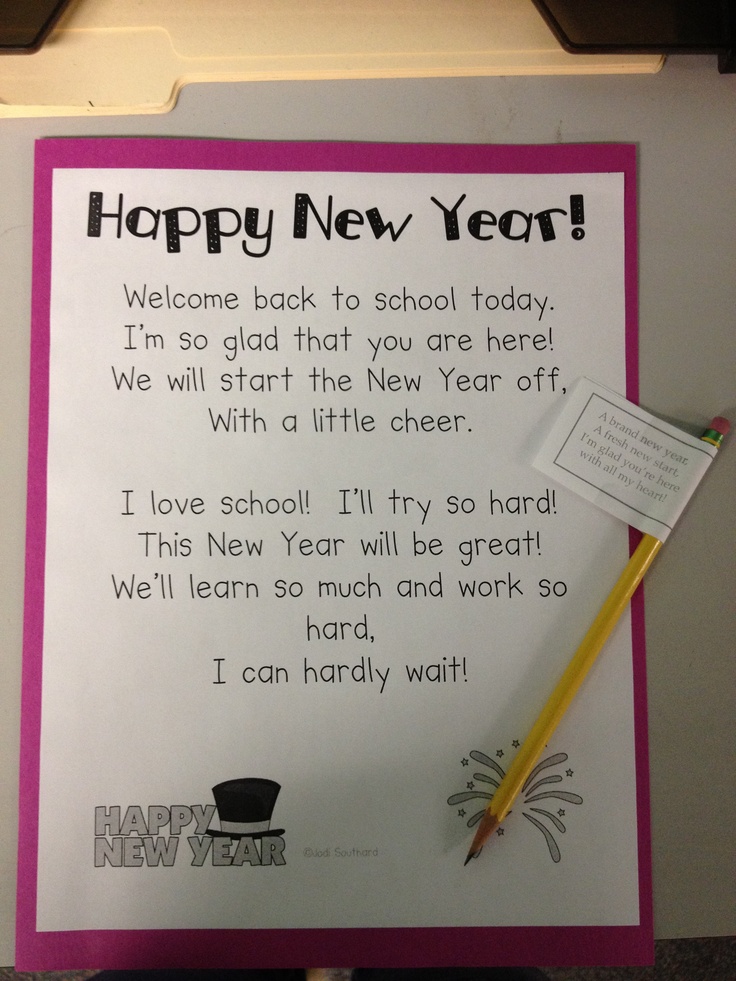 a happy new year's card with a pencil and note attached to the back