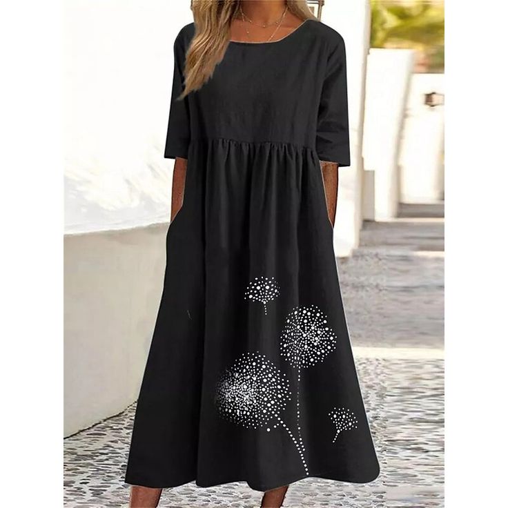 Season:Summer,Spring,Autumn,Fall; Fabric:Cotton,Linen,Cotton Blend; Sleeve Length:Half Sleeve; Look After Me:Machine wash; Gender:Women's; Style:Casual,Mature,Basic; Elasticity:Micro-elastic; Occasion:Vacation,Daily,Outdoor; Fit Type:Loose Fit; Dresses Type:Cotton Summer Dress,Tunic Dress,Casual Dress; Pattern:Dandelion; Design:Ruched,Pocket,Print; Neckline:Crew Neck; Front page:FF; Listing Date:03/08/2023; Production mode:External procurement; 2024 Trends:2023; Bust:; Length:; Shoulder Width:; Women's Dresses, Cotton Linen Dresses, Linen Midi Dress, Cotton Dress Summer, Summer Maxi Dress, Types Of Dresses, Linen Dresses, Linen Dress, Tunic Dress