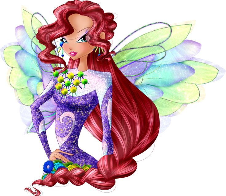 a fairy with long red hair and flowers on her chest, sitting in front of a white background