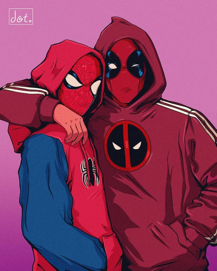 two people dressed as deadpool and spider - man hugging in front of a purple background