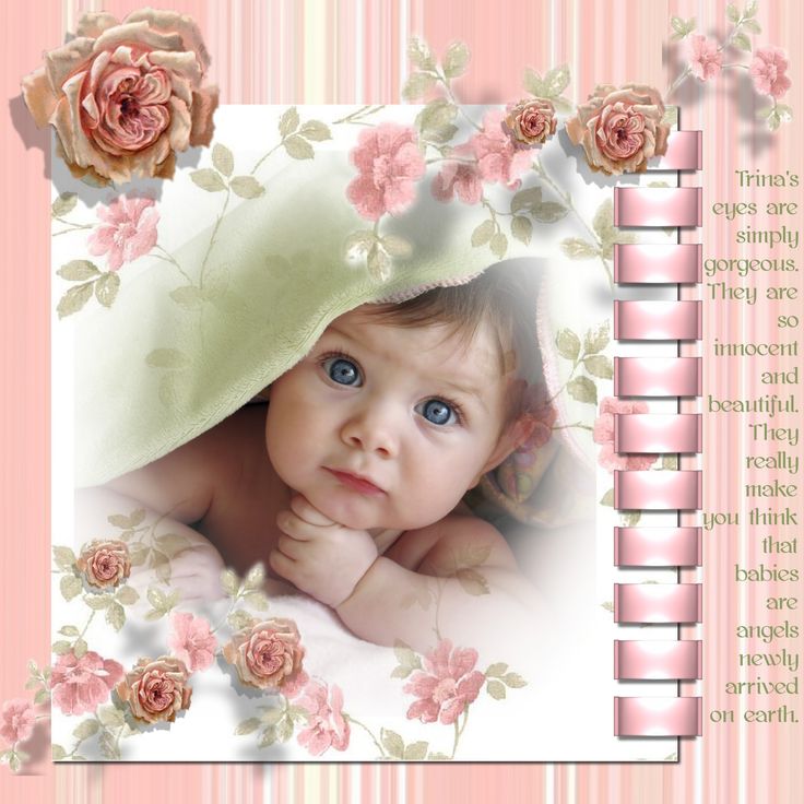 a baby with blue eyes and pink flowers on it's head in a frame