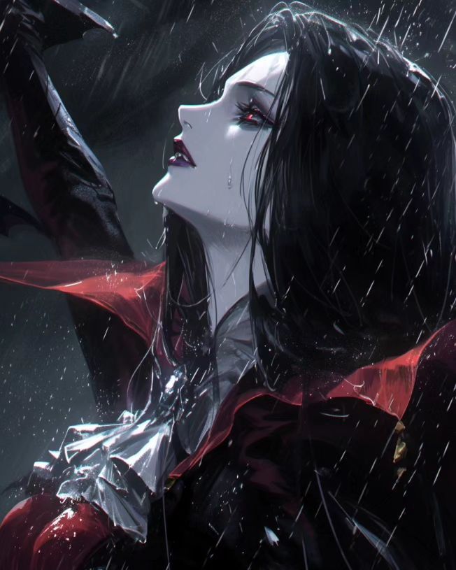 a woman dressed in black and red holding an umbrella with rain falling down on her