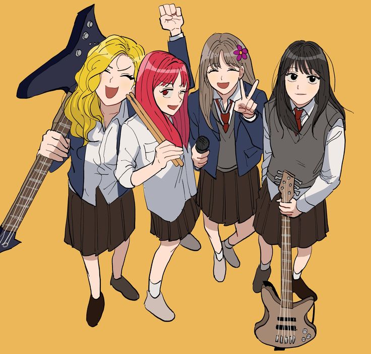 four girls in school uniforms holding guitars and pointing at the camera with one girl wearing a witches hat