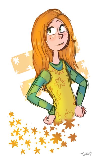 a drawing of a girl with orange hair and green shirt, standing in front of stars