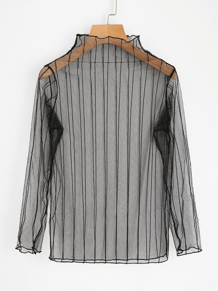 Vertical Striped Sheer Mesh Top -ROMWE Sheer Mesh Top, Mesh Tops, Spring Shirts, Shein Style, Vertical Stripes, Women's Dresses, Mesh Top, Fashion News, Black Fashion