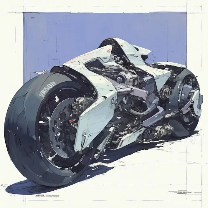 a drawing of a futuristic motorcycle on a white surface with blue sky in the background