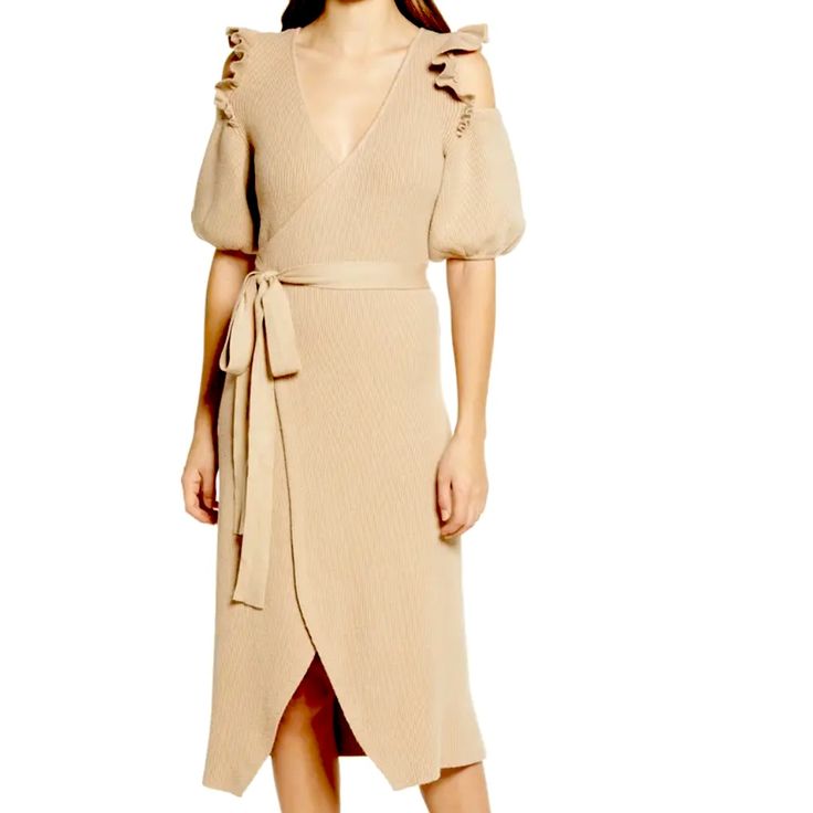 Never Fully Dressed Ruffle Cold Shoulder Wrap Tie Knitted Midi Dress In Camel. Nwt! This Soft Knit Wrap Dress Is Rendered In A Neutral Hue And Set With Frilly, Puff Sleeves That Show Off Your Shoulders. True Wrap Style With Side Tie Closure Elbow-Length Sleeves With Elastic Cuffs Knitted Midi Dress, Never Fully Dressed, Knit Wrap Dress, Shoulder Wrap, Knit Wrap, Knit Midi, Knit Midi Dress, Camel Color, Elbow Length Sleeve