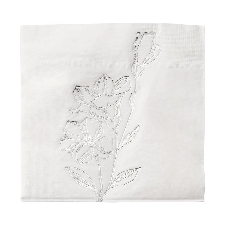 The White with Silver Antique Floral Paper Beverage/Cocktail Napkins feature an embossed floral design with a blooming flower and some leaves on the right side. The textured background enhances its vintage aesthetics, and the napkin is folded neatly with a clean edge, making it perfect for any elegant occasion. White Plastic Table, Paper Cocktail Napkins, Floral Cocktails, Floral Paper, Antique Floral, Plastic Ware, White Backdrop, Cloth Napkins, Cocktail Napkins