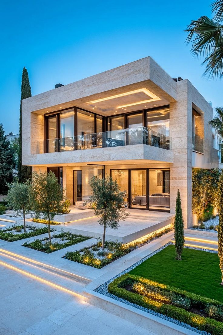 a modern house with landscaping and trees in the front yard at dusk, lit up by lights