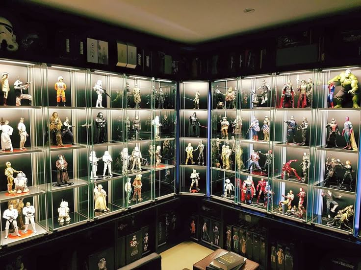 a display case filled with star wars action figures