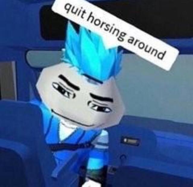 a cartoon character with blue hair sitting in the back seat of a car holding a sign that says quiting around