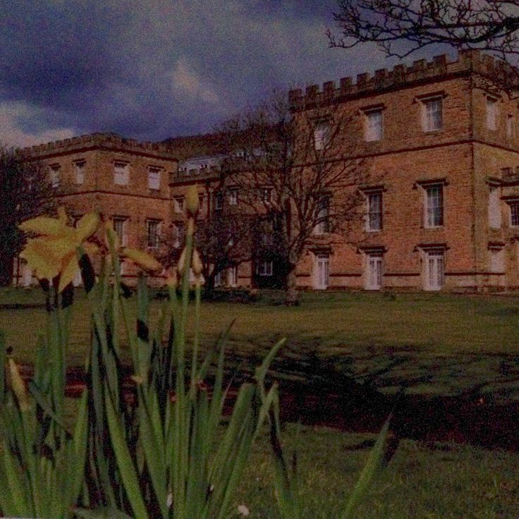 an old building with flowers in the foreground and clouds in the sky above it