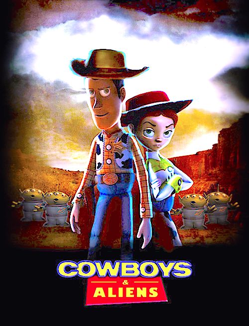 the poster for cowboy's and aliens shows two people in front of an orange sky