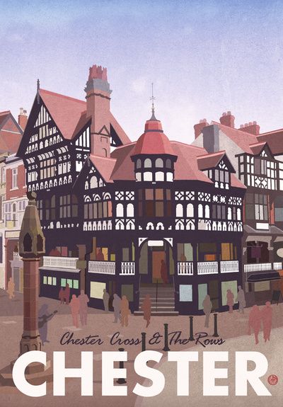 an image of a town with people walking around it and the words chester in english