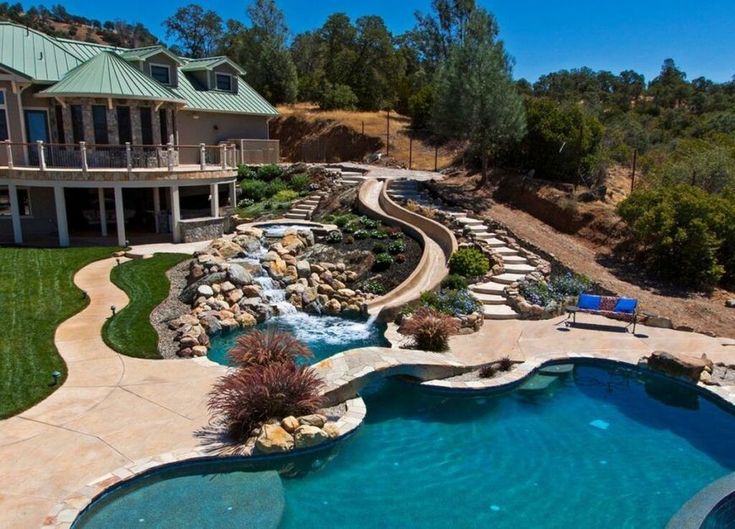 an aerial view of a home with a swimming pool