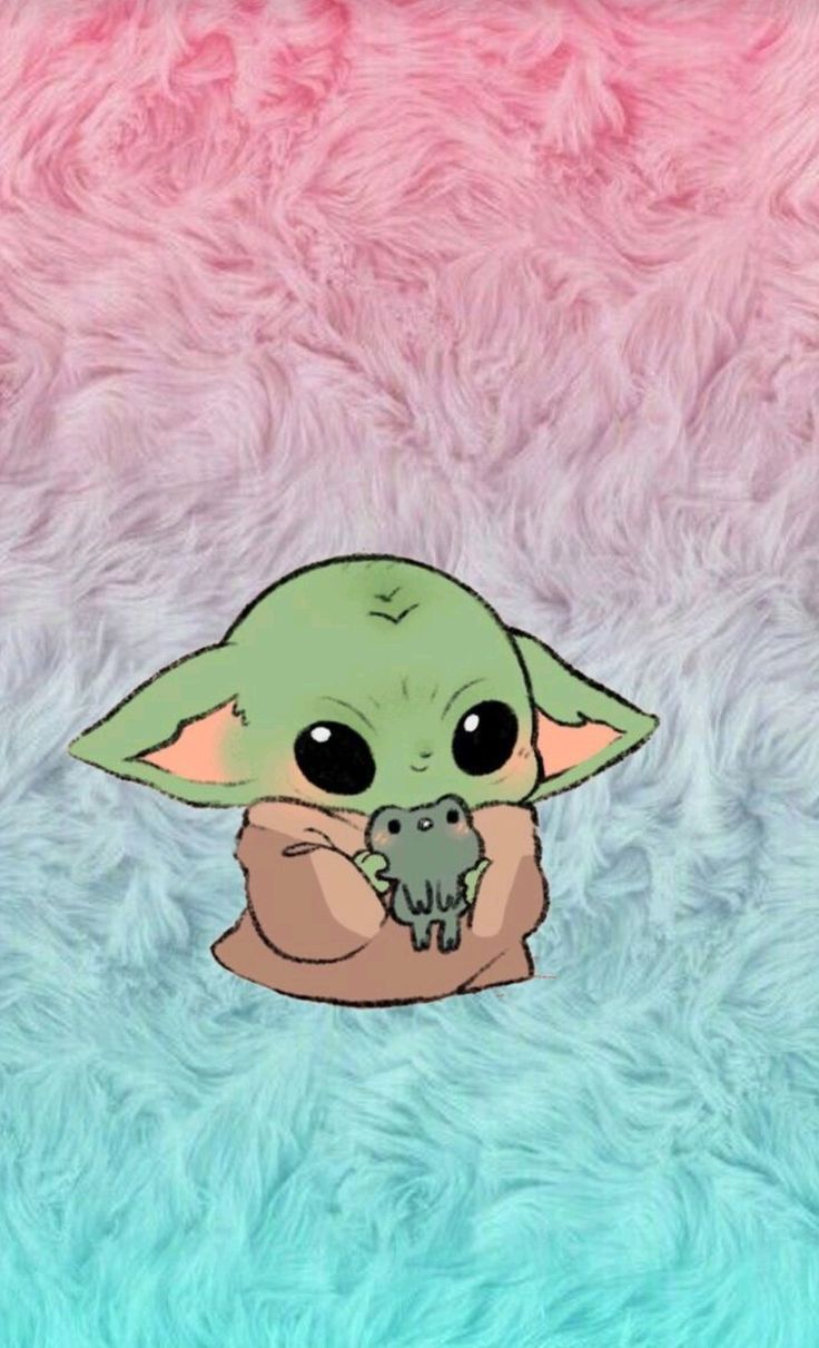 a baby yoda holding a small object in its hands on a pink and blue background