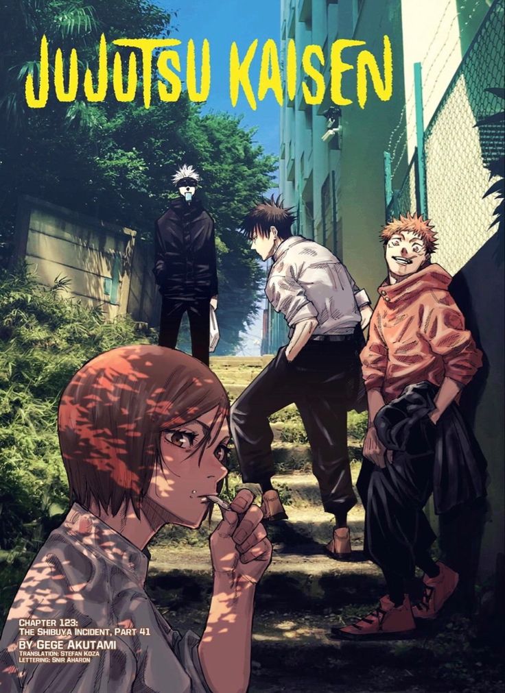 an anime poster with three people standing on the steps and one is holding his hand to his mouth