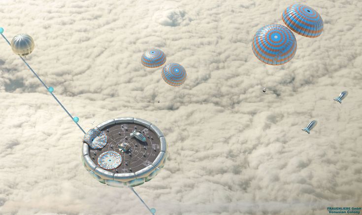 an artist's rendering of a space station in the sky with balloons floating around