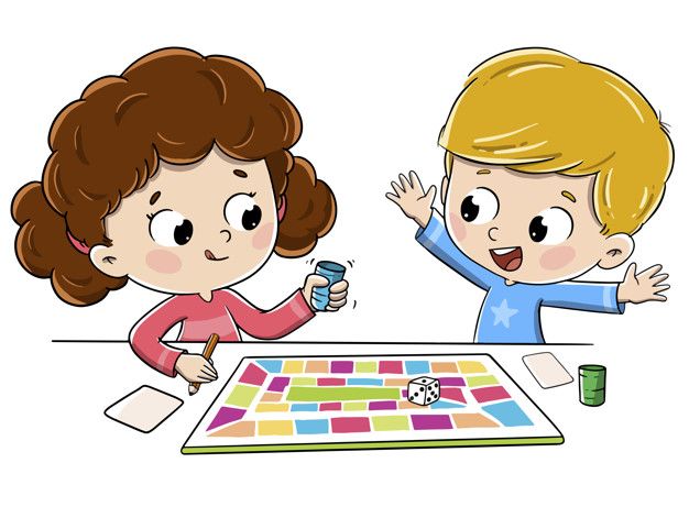 two children playing a board game on the table with their hands in the air and one child pointing at it