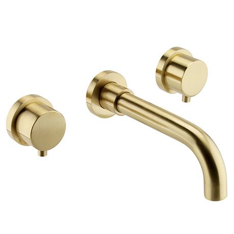 an image of two handles on a wall mounted faucet in brushed brass finish