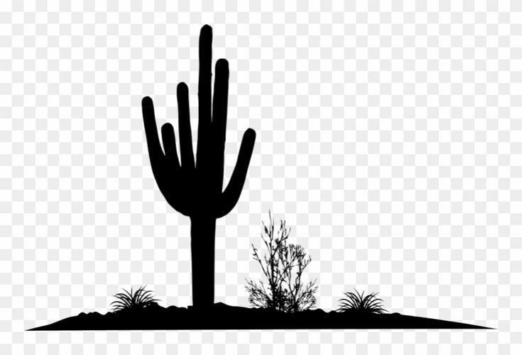 a black and white silhouette of a cactus on top of a hill with grass in the foreground