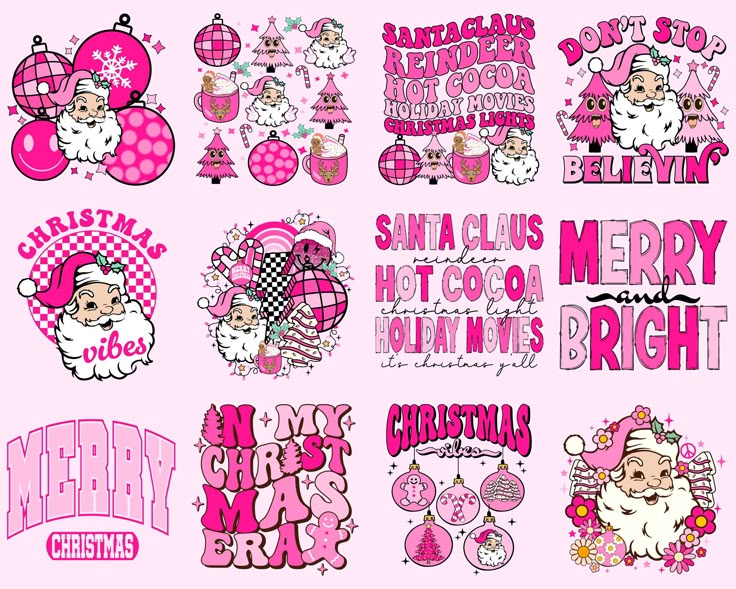 pink christmas stickers with santa claus, merry holly's and bright lights on them