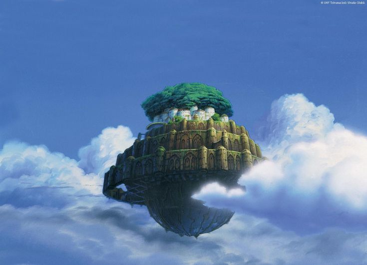 the castle is floating in the sky above the clouds, with trees growing on top