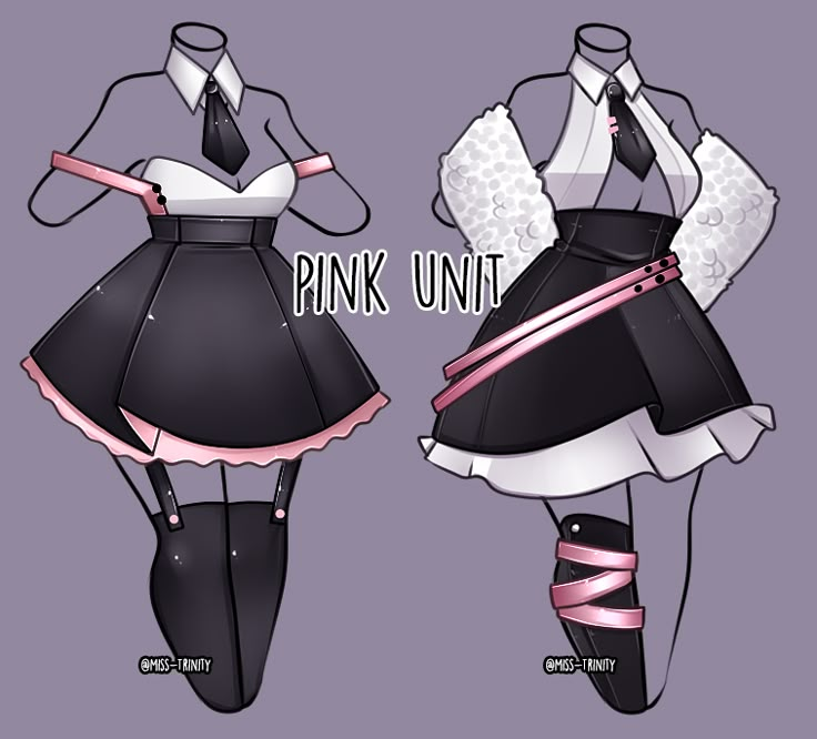 the dress is black and white with pink underbusk underneath it, while the skirt has pink ribbon around the waist