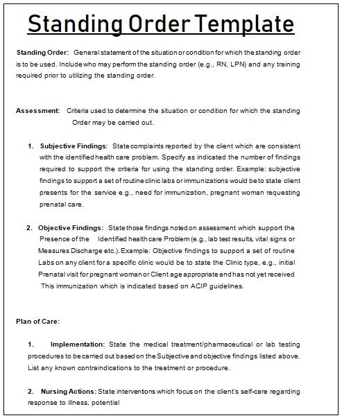 a sample order form for an employee's office or business meeting, with the words standing order template