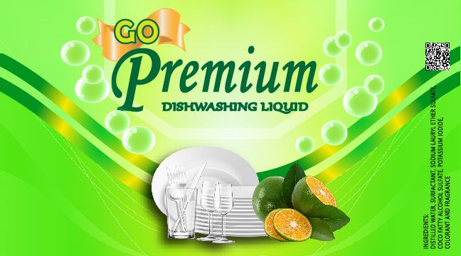 the label for go premium dishwashing liquid with oranges and leaves on it